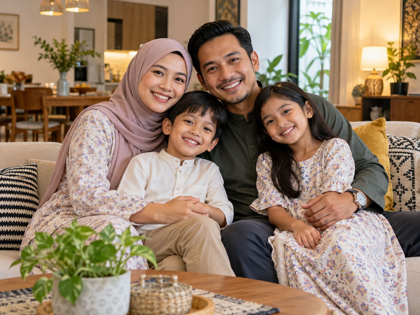 Keluarga Malaysia yang gembira di ruang tamu